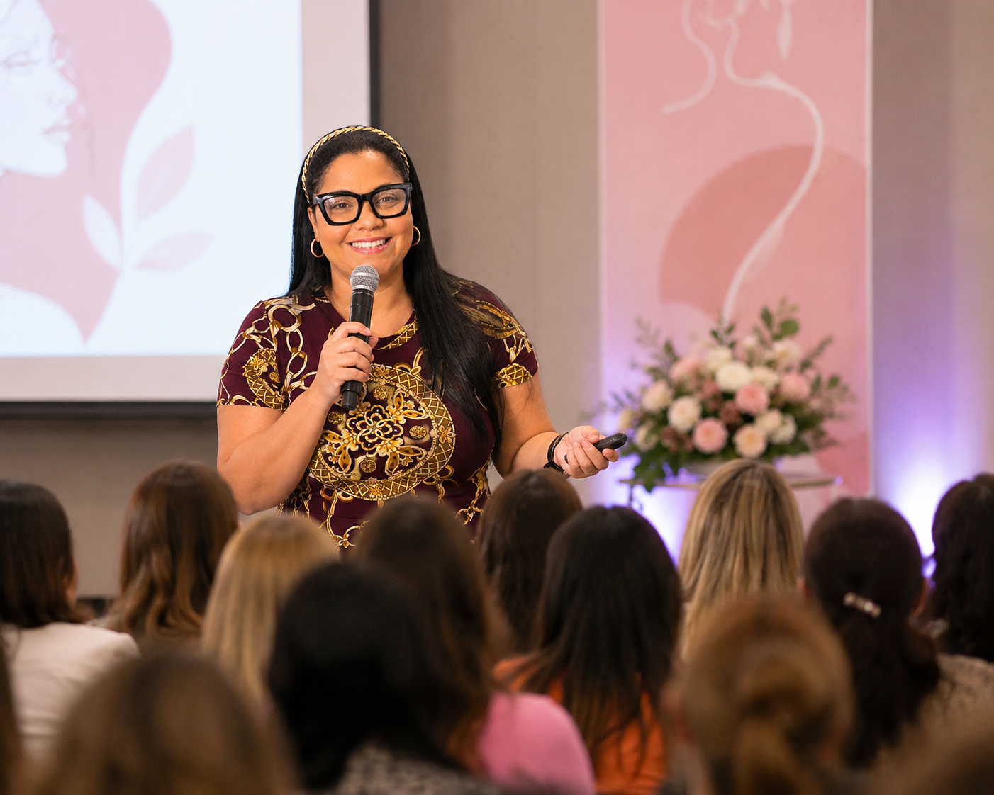 Pastora Alexandra Rosario compartiendo una conferencia con mujeres